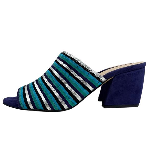 Botkier Posie Mule Sandal 8 Womens Blue Leather Suede Silver Metallic Heel NEW - Picture 3 of 11